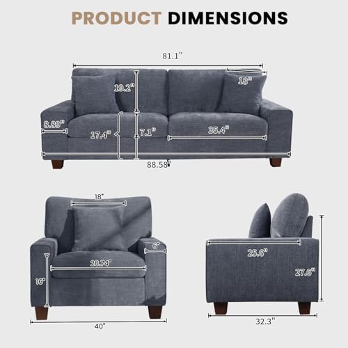 Image of DOPEDIO Modern Living Room Sofa Set, 88.58 inch Chenille Loveseat with 2 Accent Chairs, Removable Covers, Spring Cushions, Solid Wood Frame, Easy Assembly(88.58inch+2 Single,Blue)