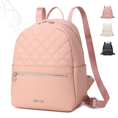 BESMART Cute Leather Small Quilted Backpack for Women, Mini Backpacks Casual Daypacks with 3 Compartments, Fashion Rhombic Jacquard Women’s Backpack for Commute/Work/Travel