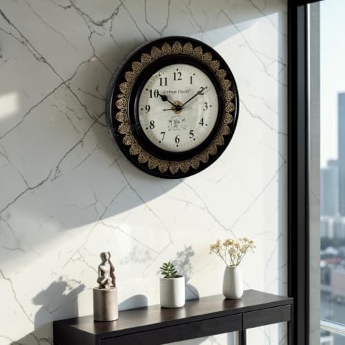 Image of Vintage Clock Brass Inlay Wooden Shiny Brown Handcrafted Wall Clock Handcrafted for Living Room Home Office Decor /VC-9154-10-FE