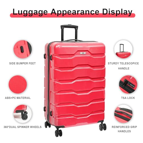 Hardshell Luggage Sets with TSA Lock, 3 Piece Sets, PC+ABS Lightweight Suitcase Sets with 360° Spinner Wheels (20/24/28) (Red)3
