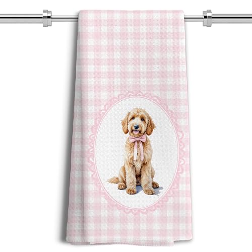 LUKIPOM Coquette Pink Bow Goldendoodle Dog Kitchen Hand Towels for