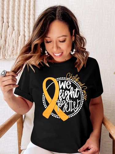 Childhood Cancer Awareness Shirt Women We Fight Together Shirt Gold Ribbon Pediatric Cancer Short Sleeve Tops4