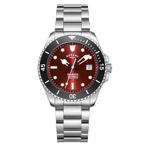 Rotary Seamatic - Reloj de pulsera de acero inoxidable para hombre, resistente al agua hasta 300 m, color burdeos