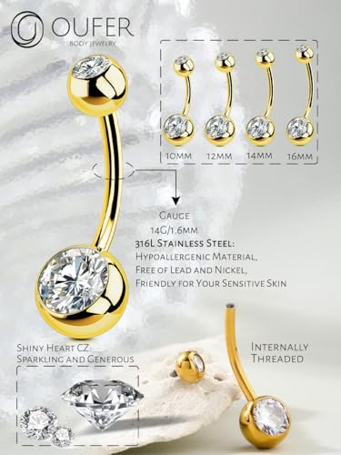 OUFER Gold Belly Button Rings, 316L Surgical Steel Belly Button Piercing, Internally Threaded Belly Rings, 14G Belly Piercing Jewelry, Long Belly Button Rings, Navel Rings for Women Men4