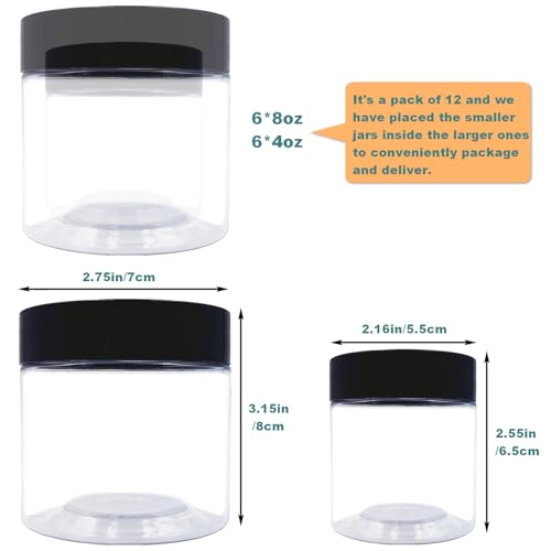 8 oz Plastic Containers with Lids and 4oz Small Containers (Set of 12) Plastic Jars with Lids Cosmetic Jar for Body Butter, Bath Salt, Slime and Beauty Product