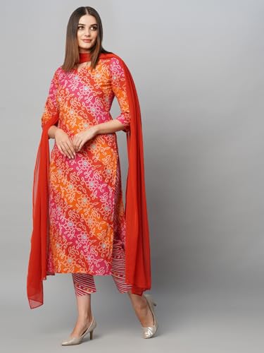 Image of GoSriKi Women's Cotton Blend Printed Straight Kurta with Pant & Dupatta