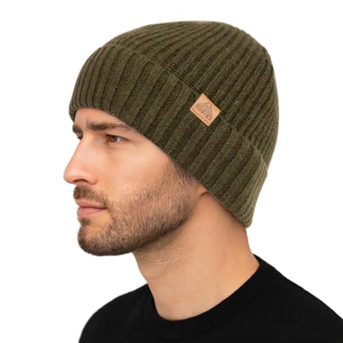 TOP-EX XL/XXL Wintermütze Merinowolle Beanie Herren Warme Strickmütze mit Fleecefutter Wollmütze Damen Winter für Ski Outdoor Geschenk Armeegrün M/L