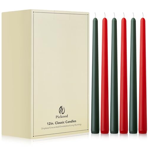 Pickood 12-Inch Unscented Dripless Taper Candles Bulk 30 Pack - Christmas Taper Candles Bulk, for Wedding, Dinner - Smokeless, 8-10 Hour Long Burning - Mixed Candlesticks Bulk - Red and Green