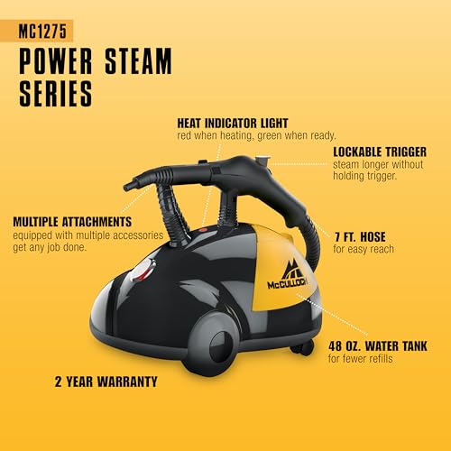 McCulloch MC1275 Heavy-Duty Steam Cleaner, 45 Minute Runtime, 18 Accessories: Mop Head, Brushes, & More - Built for Home, Tile, Grout, Carpet, Furniture, & Personal Car Detailing - Thumbnail 4