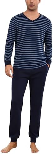 Bresdk Schlafanzug Herren Lang Baumwolle Pyjama Winter Nachtwäsche S-4XL | Langarmes Oberteil mit V-Ausschnitt Bündchen und langer Schlafhose; bequem zum Schlafen, Entspannen und f