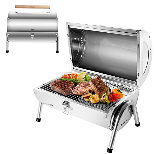SunJas Edelstahl Klappgrill Holzkohlegrill, BBQ Grill Doppel Grillfläche 34×21.5 cm, Tischgrill Campinggrill für Outdoor Kochen, Camping und Picknick