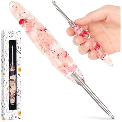 Katech 5.0mm Crochet Hook for Arthritic Hands, Hand-Polished Stainless Steel Ergonomic Crochet Hooks with Customized Sparkle Dried Floral Grip, Soft Tapered Hook-Crochet Gift for Beginner & Crocheter
