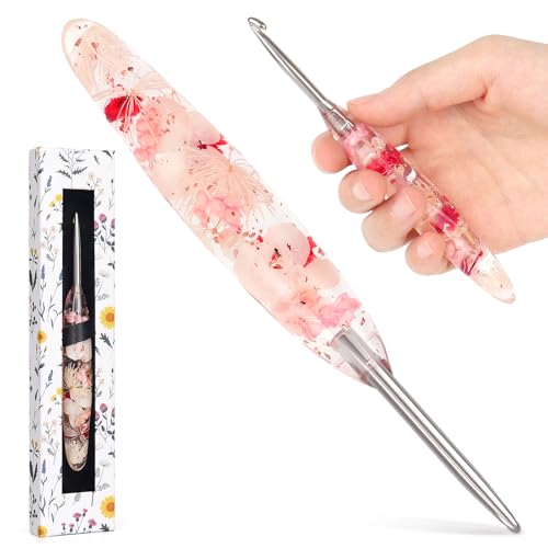Katech 5.0mm Crochet Hook for Arthritic Hands Hand-Polished Stainless Steel Ergonomic Crochet Hooks with Customized Sparkle Dried Floral Grip Soft Tapered Hook-Crochet Gift for Beginner & Crocheter