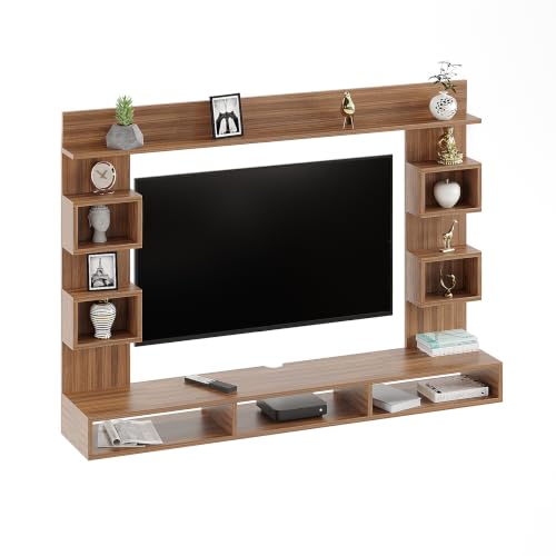 Image of FURNEASER Martin Modern Wall Mount TV Unit for Living Room Wooden Entertainment Center with Storage Shelves Modern TV Panel Stand Showcase for Up to 43 Inch Media Console Cabinet (Exotic Teak)