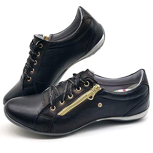 Sapatenis Casual Feminino Couro Dia a Dia Leve Bm Brasil 218 Preto 37