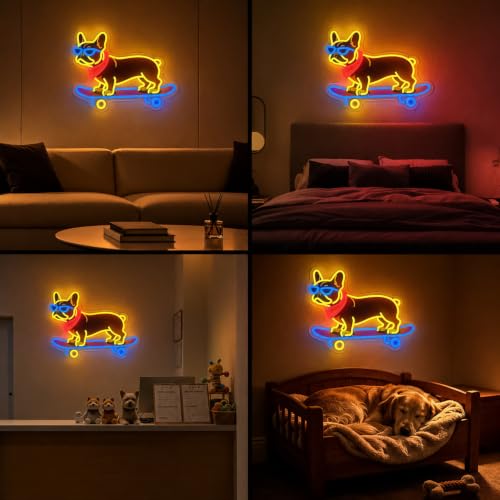 Image of French Bulldog Skateboarding Neon Sign, Skateboard Dog Frenchie Wearing Glasses Neon Signs | Dimmable LED Bulldog Wall Art Decor | Frenchie Dog Lover Gifts