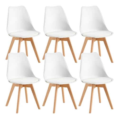 FaithBay Juego de 6 Sillas de Comedor de Plástico con Certificación Medioambiental, Sillas Nórdicas Estables y Duraderas con Patas de Haya Protegidas Cocinas Oficina - Blanco