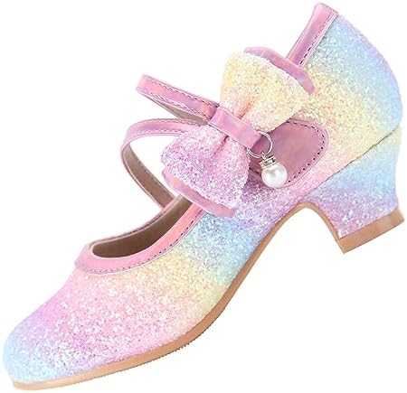 EIGHT KM Girls High Heel Dress Shoes Mary Jane Princess Wedding Party Pump Shoes EKM7035 Sparkle Glittery Crystal Pearl Bow Rainbow US Toddler Size 8