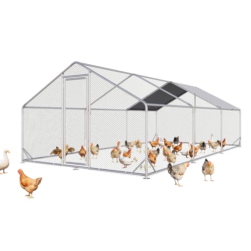 Aoxun Large Metal Chicken Coop, Outdoor Chicken Runs for Yard with Cover, Spire Roof Hen House Enclosure with Security Lock, Walk-in Cage Peak Hen House for Yard Farm (10x20x6.4 FT)