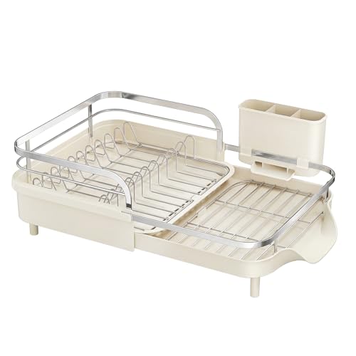 Image of SAYZH Dish Drying Rack - Expandable Dish Rack for Kitchen Counter, Rust-Resistant Dish Drainer with Utensil Holder and Raised Guardrail, Kitchen Organizer for Cup and Bottle (Beige)