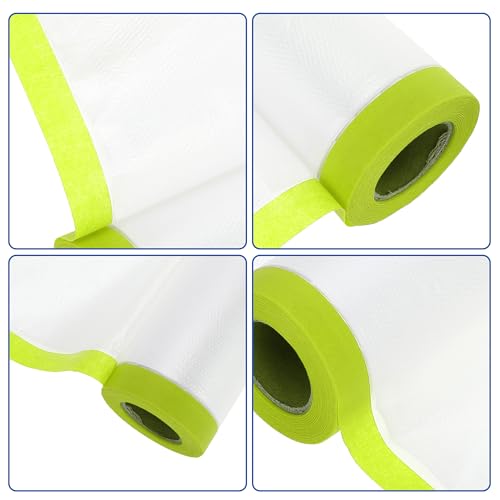 Image of ACROPIX Masking Paper with Tape Pre-Taped Paper Film Kit with 3 Rolls of Tape 2000x55cm / 65.62ftx21.65 inch White Green PE Film Paper