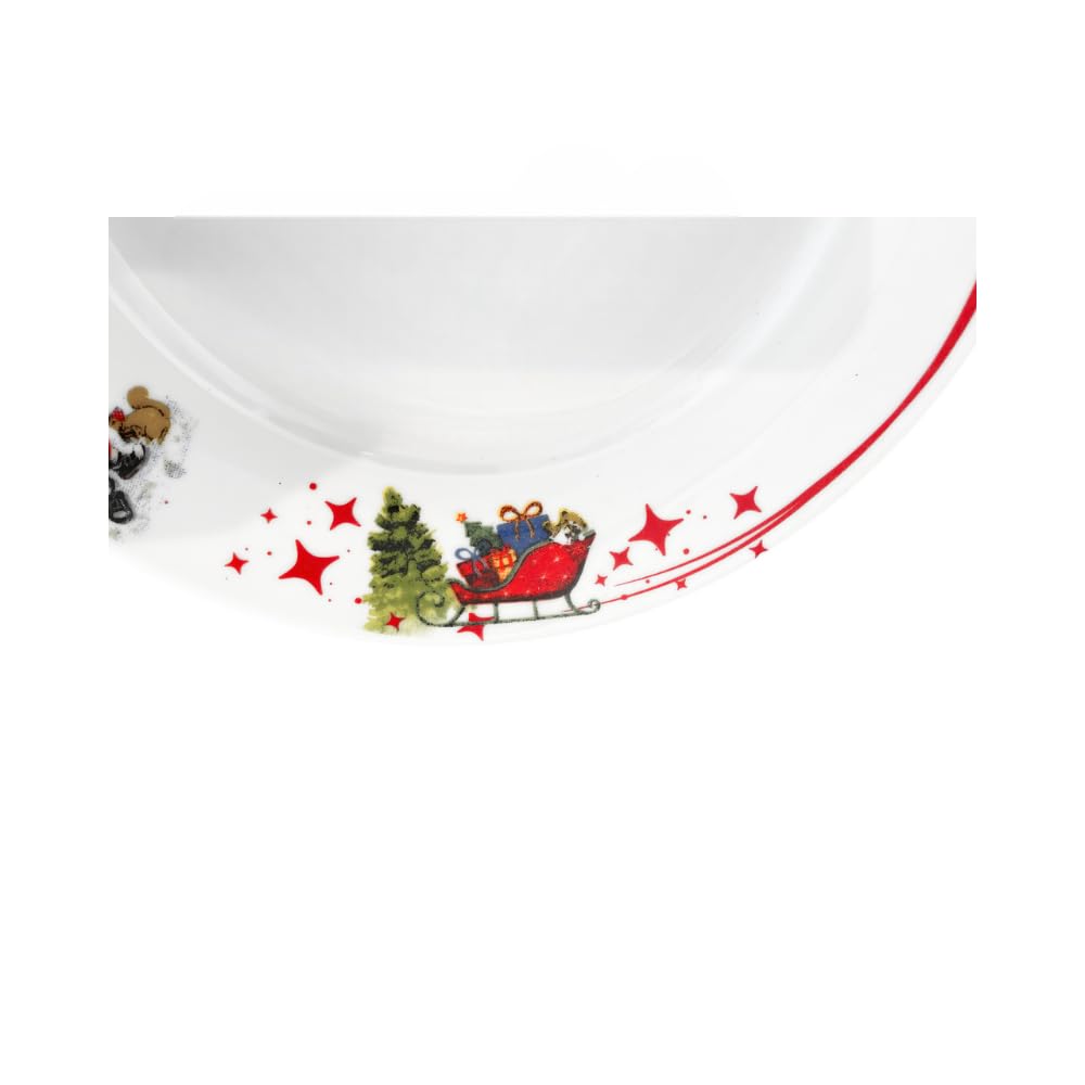 Servizio Piatti Natalizio Per 6 Persone Composto Da 18 Piatti Di Cui 6 Piani, 6 Fondi, 6 Dessert, In Porcellana Bianca Dal Decoro Natalizio Con Slitte, Regali, Stelle E Babbi Natale