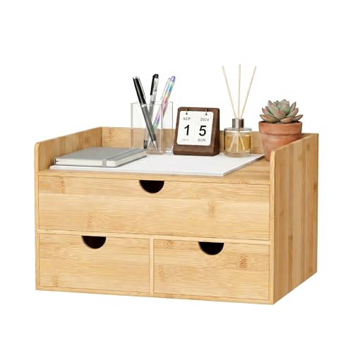 Desk Organizer with Drawers - Bamboo Desktop Organizer Storage | Wood Desk Drawers Organizer for Bills, Office Supplies, Cosmetics, Seals No Assembly Required