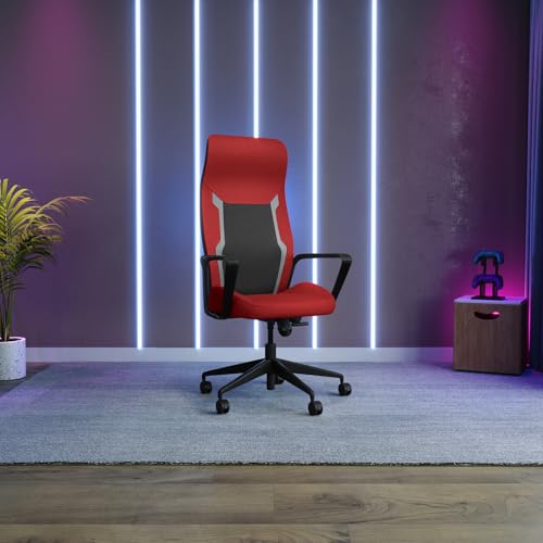 Image of Interio by Godrej Tecno High Back Fabric Ergonomic Gaming Chair (Red) 1-Year Warranty, Fixed Armrest, Adjustable Lumbar and Height