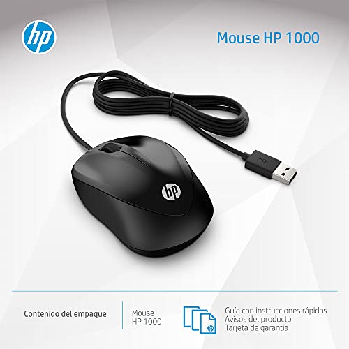 Miniatura 5 de HP 1000 - Ratón con Cable (1200 PPP, 2 Botones y Rueda de Desplazamiento, 1,5 m de Cable, ConexiónUSB, Windows), Color Negro