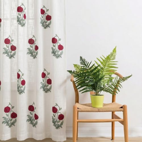 Image of LINENWALAS Decorative Cotton Linen Sheer Curtains 7.5 Feet Long for Door Block Printed Floral Door Curtain |Grommet Hanging Style Pack of 2 Panels |Light Filtering Sheer Drapes (Rubby Flora, 7.5 Feet)