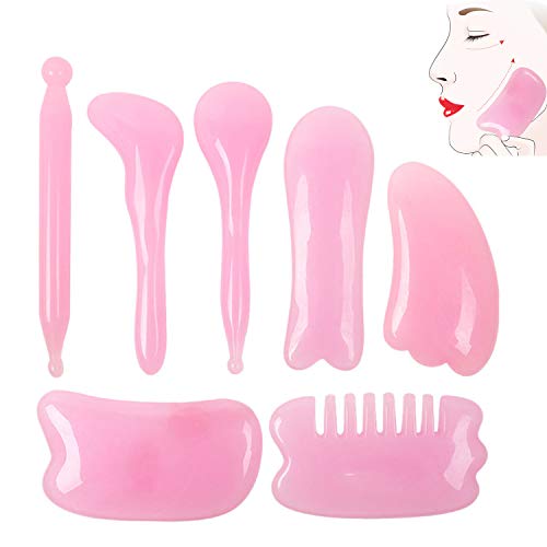 Vanchief 7Pcs Gua Sha Massage Tools Natural Resin Amber Guasha Scraper Facial Tendon Stick Eye Beauty Stick Acupuncture Scrapper For Facial And Body Massage Health Care Beauty Scrape Plate (Pink)