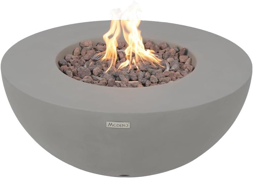 Modeno Roca Outdoor Fire Pit Propane Table 34 Inches Round Firepit Concrete Patio Heater Electronic Ignition Backyard Fireplace Cover Lava Rock Included Liquid Propane