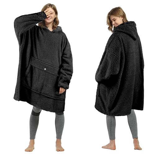 Tirrinia Oversized Sherpa Wearable Blanket Hoodie, Jet Black