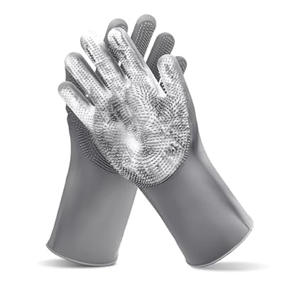 Pet Grooming GlovesHeat Resistant Dog Washing Gloves with High-Density Teeth, Dog Bath Scrubber with Enhanced Five Finger Design, Silicone Gloves for Dogs and Cats Bathing, Massage Gray