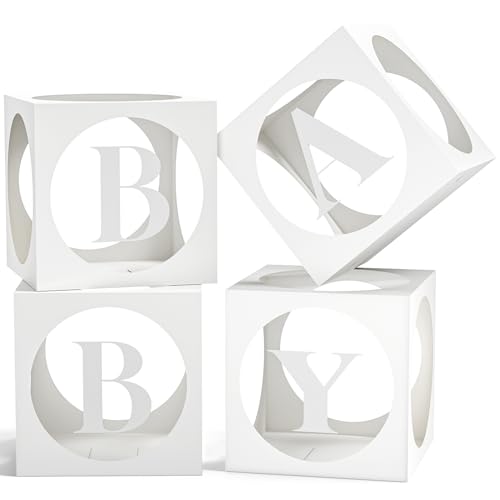 Baby Boxes with Letters for Baby Shower, White Clear Small Balloon Boxes with 4 Letter for Boy or Girl Gender Reveal Decorations, Baby Shower Decorations Blocks and Birthday Party Decor (4 Pcs)