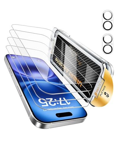 UNBREAKcable for iPhone 16 Screen Protector 4+2 Pack [9H+ Military-Grade Shatterproof] [Effortless Bubble-Free Installation] Ultra HD Clarity Tempered Glass with Lens Protector, Case friendly