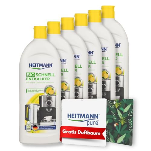 HEITMANN Bio-Schnell-Entkalker | Effizienter Entkalker für Kaffeemaschinen & Heißwassergeräte | Mit Citronensäure Milchsäure & Apfelsäure | 6 x 250 ml + GRATIS Duftbaum