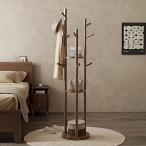 KungFuWood KASLANDI Coat Rack, Solid Wood Rotary Coat Rack Stand, Freestanding Coat Rack with 3 Shelves and 9 Hooks, Sturdy and Easy to Assemble Coat Tree for Entryway, Bedroom, Coats, Bags (Walnut) KungFuWood KASLANDI Coat Rack Solid Wood Rotary Coat Rack Stand Freestanding Coat Rack with 3 Shelves and 9 Hooks Sturdy and Easy to Assemble Coat Tree for Entryway Bedroom Coats Bags Walnut