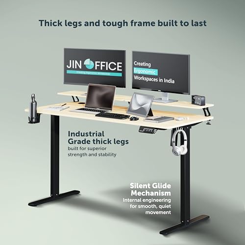 Image of JIN OFFICE Ascend Electric Height Adjustable Desk with Monitor Riser| Standing Desk with Cup Holder | 3 Year Warranty,80 KG Wt. Cap, Memory Presets| Sit Stand Ergonomic Desk 1400 * 600mm Maple Top