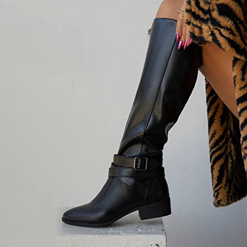 YDN Women Round Toe Knee High Boots Block Low Heel Wide Calf Boots Casual Fall Winter Shoes Size 4-15 US2