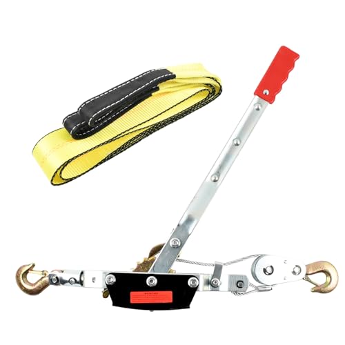 FGJQEFG 2 Ton Heavy Duty 3 Hook Steel Cable Dual Gear Power Puller Come Along Chain Winch Ratchet Tool with 3 ''Inch x 8' Foot Winch Strap, Tow Strap (30,000 BLS Capacity)