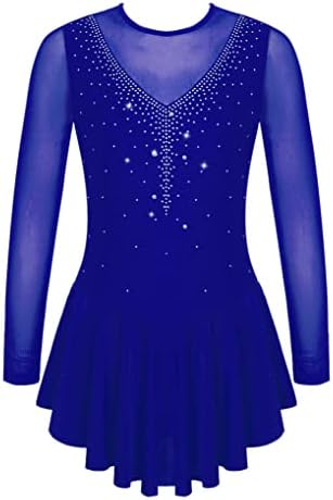 JanJean Kids Girls Figure Ice Skating Dress Long Sleeve Sparkly Rhinestone Mesh Splice Gymnastics Leotard Dress Dancewear Sky 16 Years