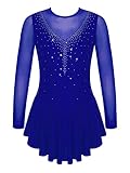 JanJean Kids Girls Figure Ice Skating Dress Long Sleeve Sparkly Rhinestone Mesh Splice Gymnastics Le