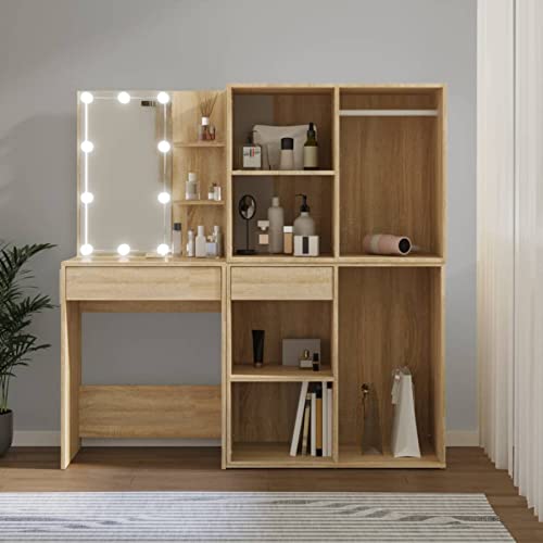 Snsowed Tocador cony 2 armarios, Tocador De Maquillaje, Tocadores De Dormitorio, Mesa Maquillaje, Mesa Tocador, Mueble Maquillaje, Escritorio Tocador, Madera contrachapada Roble Sonoma