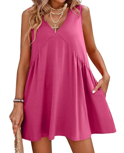 Image of Women's Summer V Neck Sleeveless Mini Dress Casual Loose Pleated Swing Flowy Sundress with Pockets Rose Red
