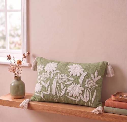 Image of Furnistitchs Boho Rectangle Cushion Cover 12x20 inches | Handmade Decorative Throw Pillow Case | Bohemian Home Decor Sofa Bed Cushion Cover Living Room Bedroom (2, Green Floral, 12x20 inches)