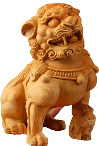 【Auyyhui】木彫り 狛犬・獅子置物 手彫り工芸品 風水グッズ 玄関等インテリア飾り 魔除け厄除け開運祈願向け 左右一対配置可 伝統的霊獣象徴 N