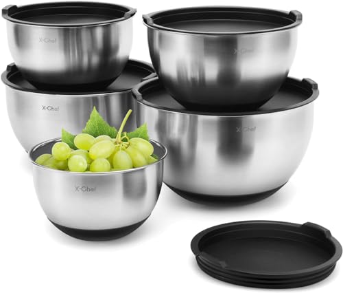 X-Chef Stainless Steel Bowls with Lids, Mixing Storage Bowl Set of 5 with Measurement, Stackable & Non-slip (1, 2, 2.5, 3.5, 4.5 QT)