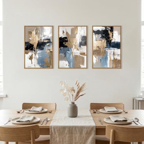 Image of KAIRNE Blue and Gold Abstract Framed Canvas Wall Art Set,Minimalist Brush Strokes Wall Decor,Modern Textured Art Prints,Neutral Brown Black Artwork for Living Room,Bedroom,Farmhouse,Office-16 x24 x3