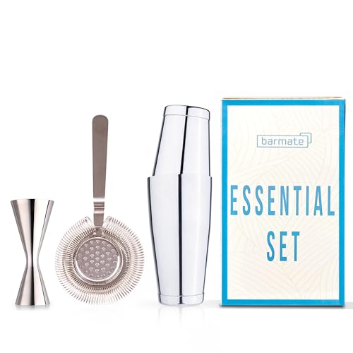 barmate Boston Cocktail Shaker aus Edelstahl und beschwert als 3 teiliges Set bestehend aus einem Shaker, einem Jigger und einem Sieb